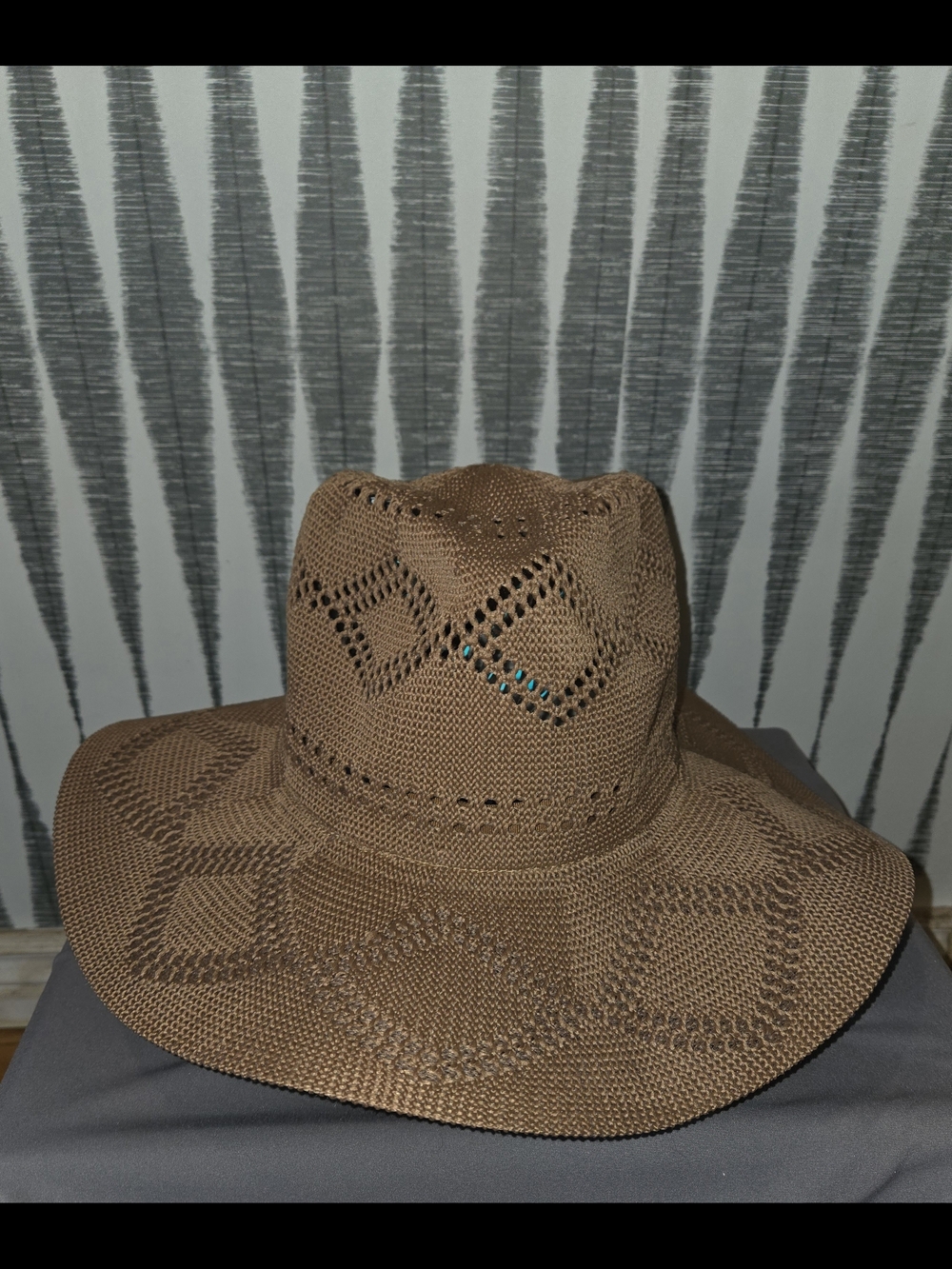Boho Wide Brim Woven Sun Hat – Brown Geometric Pattern